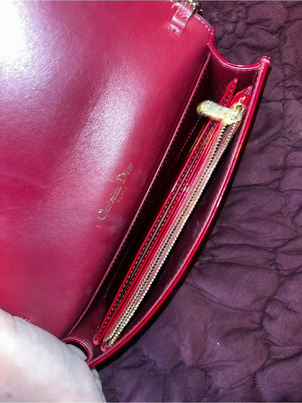 Dior Red Quilted Patent Chain Pouch